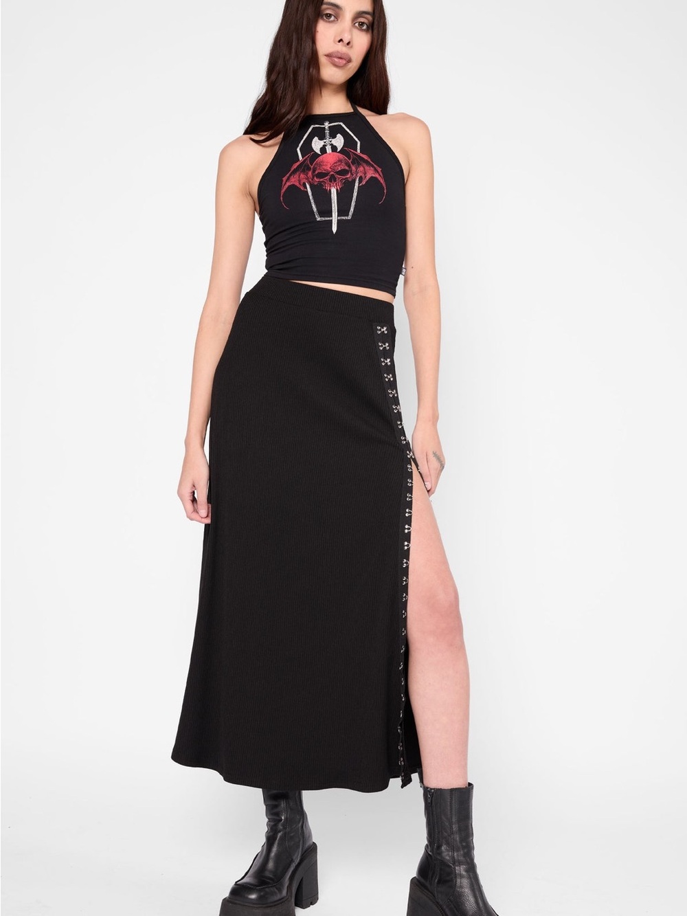 Mary Wyatt Beatriz Black Maxi Skirt with High Side Slit with Fasteners - Picture 3 of 6